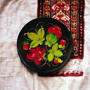 Russian Soviet Era Wood Lacquer Hand Painted Khokhloma Plate Folk Art Wall Decor
